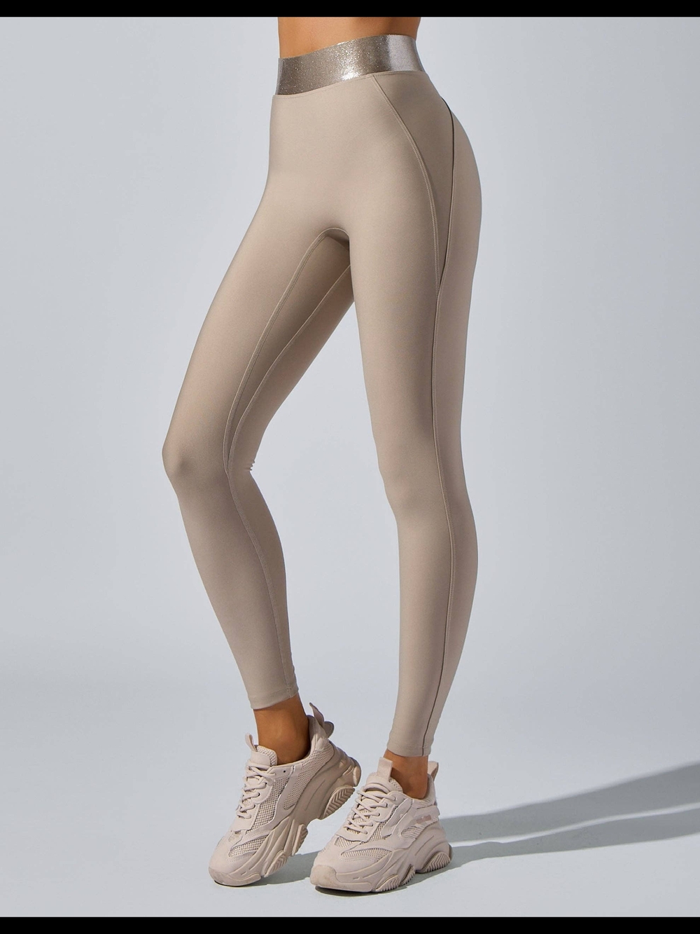 High-Rise Taupe Active Leggings with Metallic Waistband